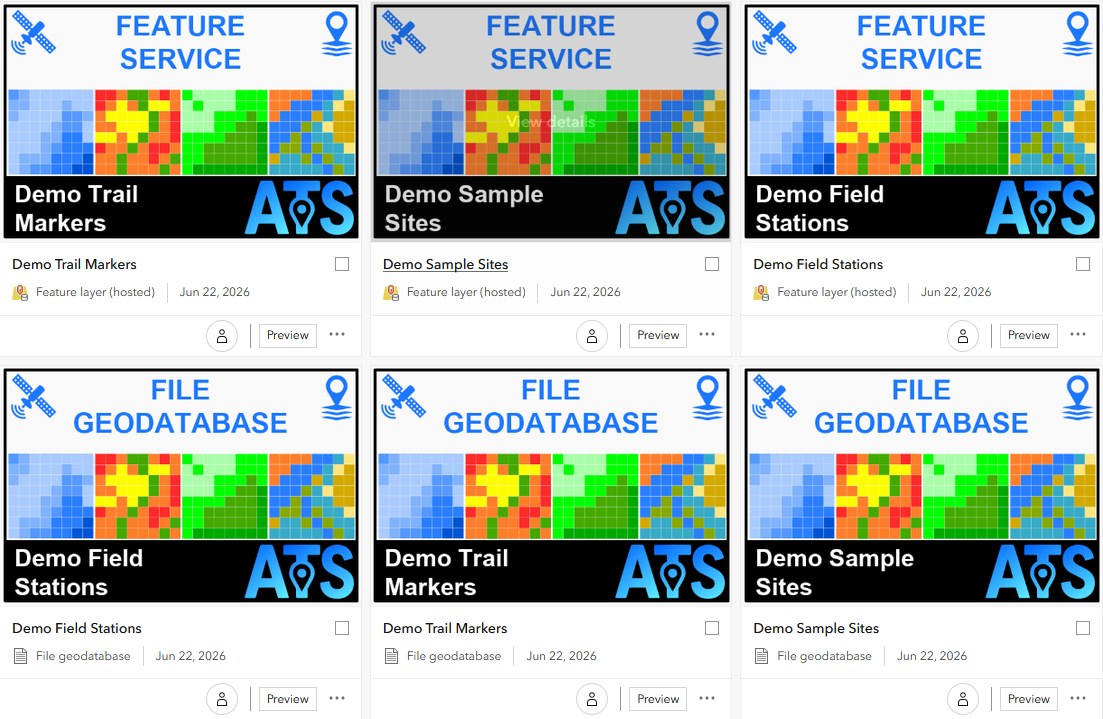 The same ArcGIS Online grid after running the tool: every item now shows a branded thumbnail with its type and title