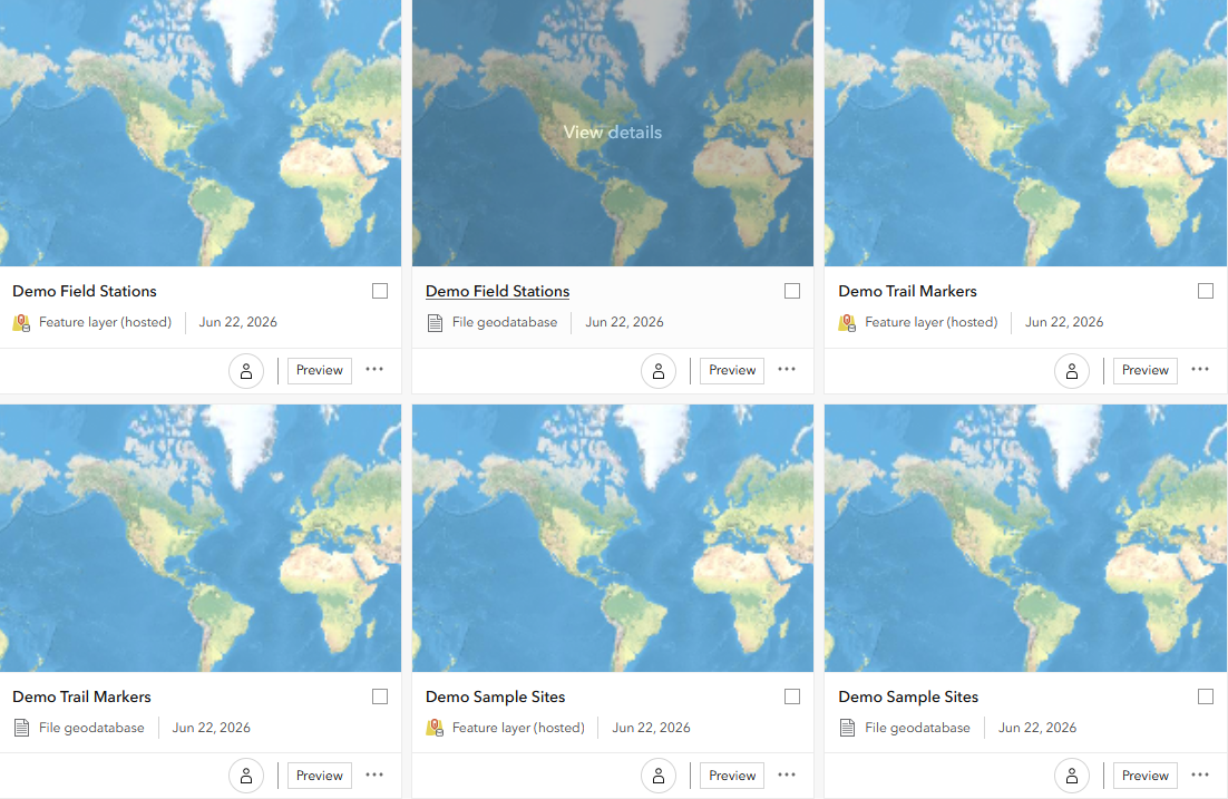 ArcGIS Online My Content grid where every item shows the same generic default world-map thumbnail