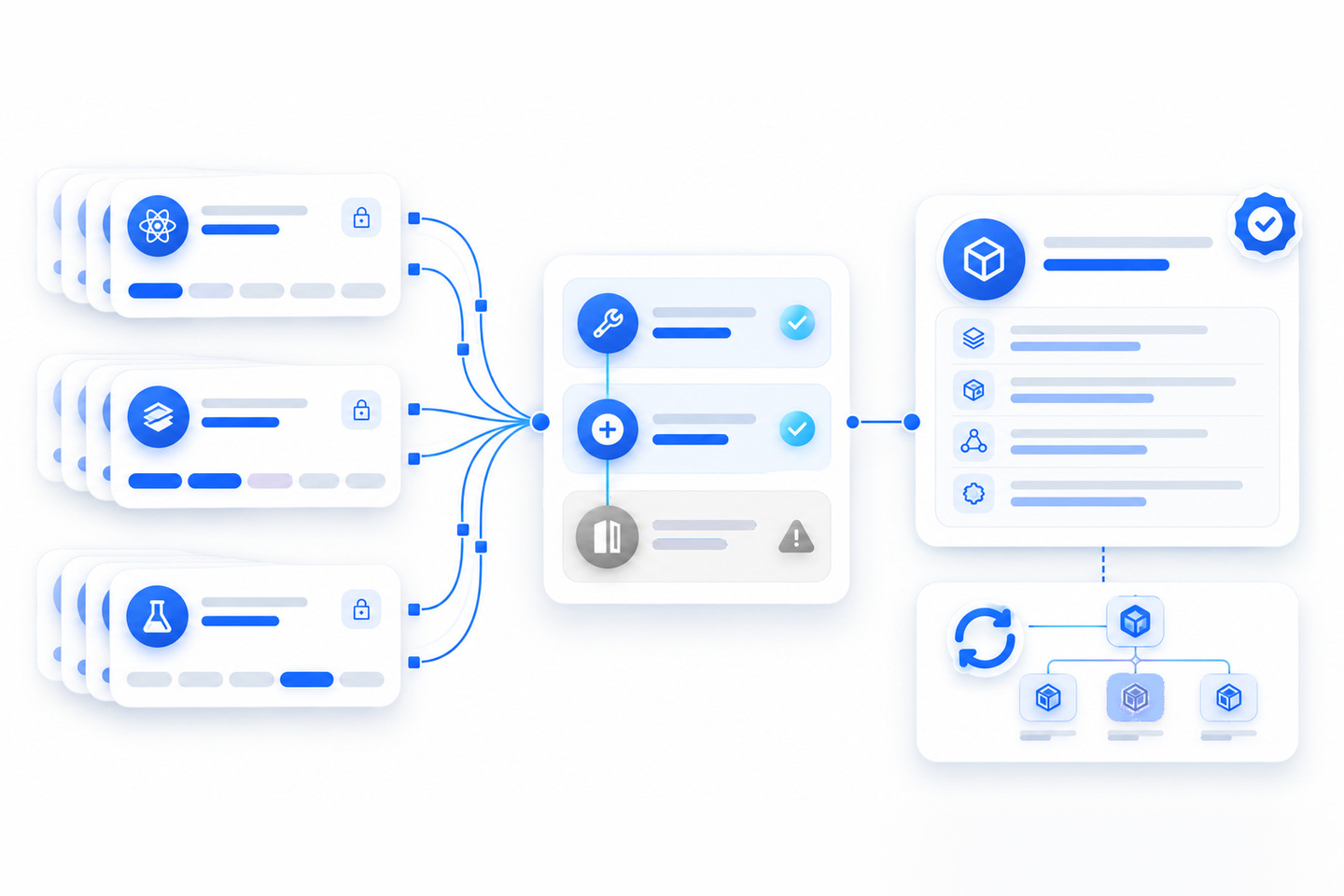 Stacks of locked dependency cards feed a resolver that passes patch and minor updates, flags a breaking change, and outputs one verified package with its dependency tree.