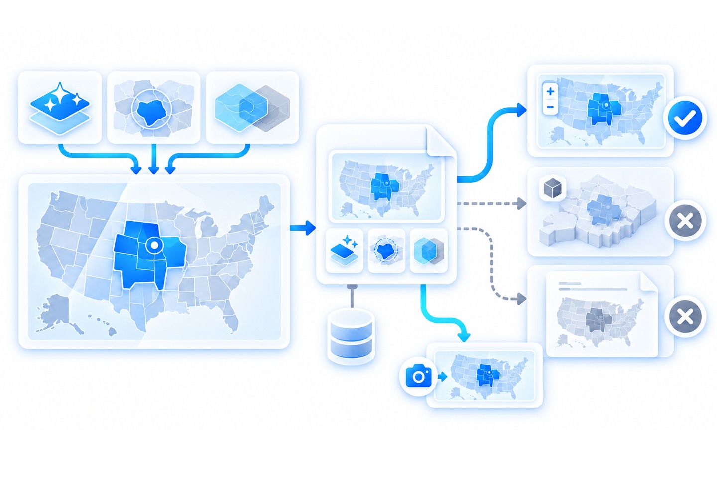 Three layer icons, a sparkle-marked layer stack, a highlighted state cluster inside a focus ring and two overlapping translucent shapes, feed a large US map where a group of central states glows blue against a grey country; the map saves to a web map document with a database cylinder beneath and fans out to a live map viewer marked with a check, a 3D scene and a print page both marked with an X, and a camera leading to a small screenshot.