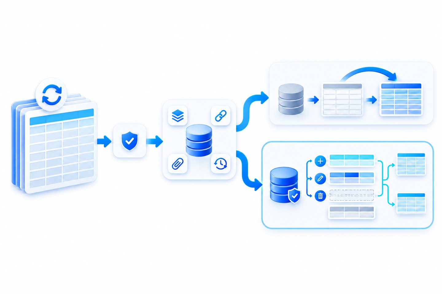 A stack of spreadsheets on the left, topped by a round sync badge, points by arrow to a tile holding a blue check shield and on to a card where a blue database cylinder sits among four corner tiles showing stacked layers, a chain link, a paperclip and a clock ringed by arrows, and from that card two curves branch right, the upper curve to a pale panel where a gray database cylinder points to a blank table and then to a filled blue table, with an arrow arcing from the blank table to the blue one, and the lower curve to a cyan outlined panel where a blue database cylinder marked with a small check shield fans out to three round badges, a plus beside a cyan row, a pencil beside a row with one darker cell and a trash can beside a dashed empty row, above a plain gray row, while a cyan bracket gathers the three badged rows and forks to two small blue tables on the right