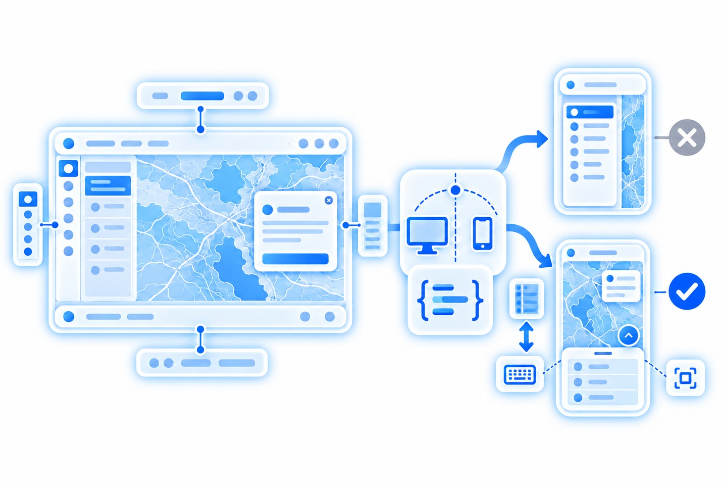 A desktop browser layout built from calcite-shell regions: header, left action bar, a side panel of list items, a map, a floating dialog and a footer, with the detached pieces linked alongside. At the center, a breakpoint node between a monitor and a phone icon sits above a code block. On the right, the same app as two phones; the upper one keeps the desktop side panel and is marked with a grey cross, the lower one collapses it into a sheet over the map and is marked with a blue check.