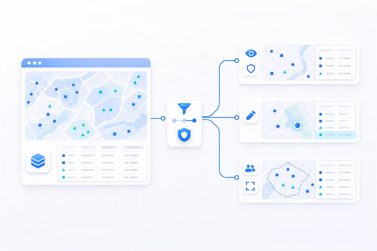 One source feature layer feeding multiple filtered view layers, each serving a different audience