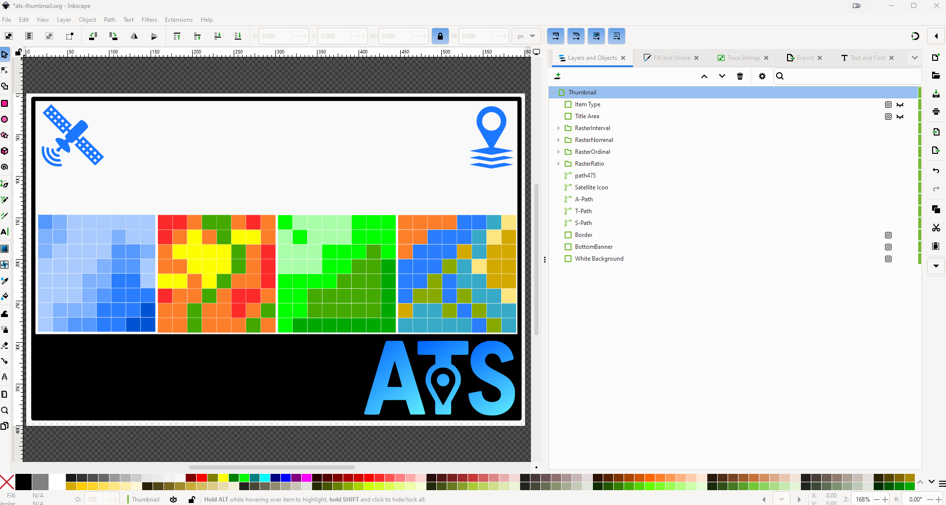 The ATS thumbnail template SVG open in Inkscape; the Layers panel shows Item Type and Title Area as separate empty layers