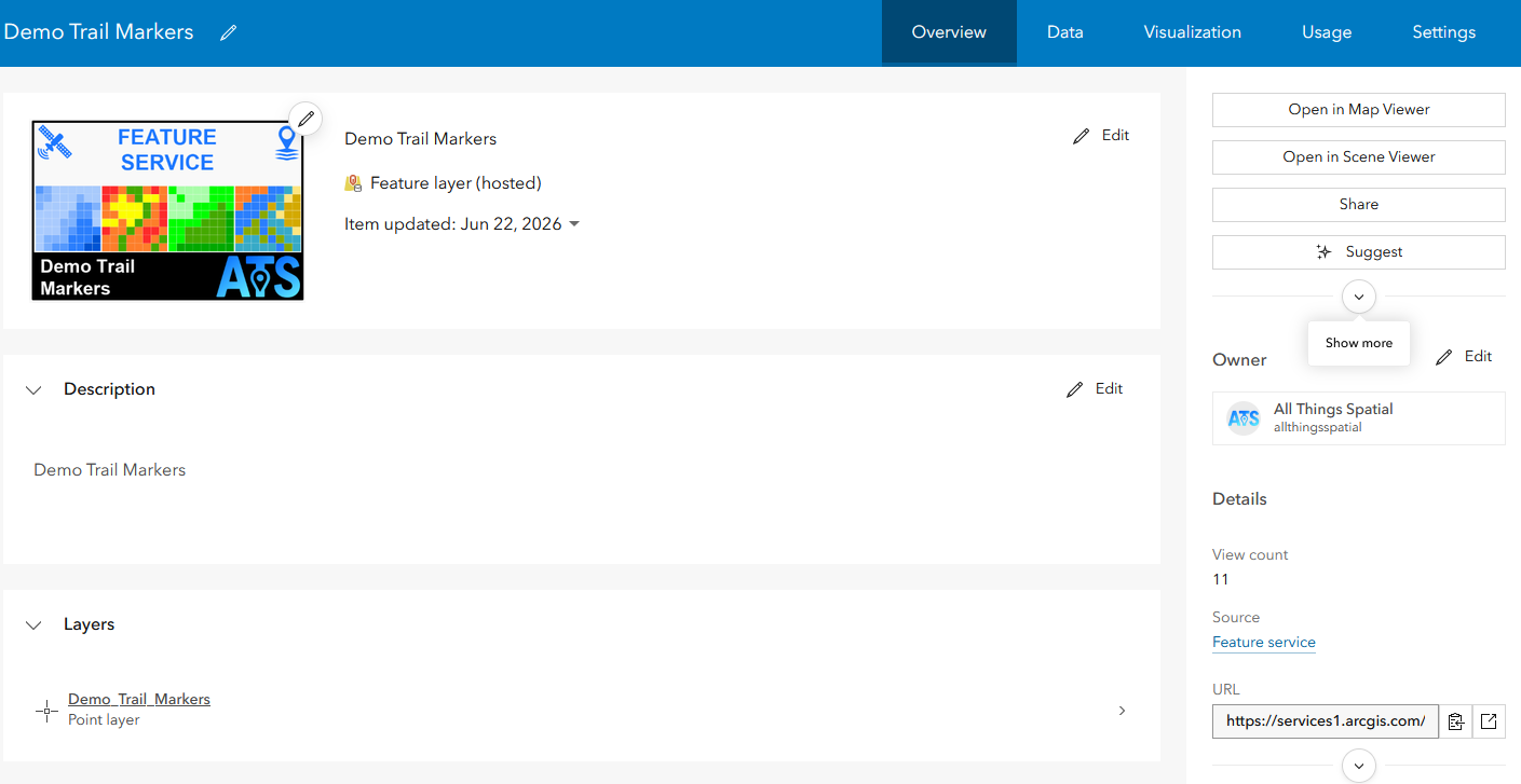 An ArcGIS Online item details page for a hosted feature layer, showing the branded thumbnail in context with the item title and type