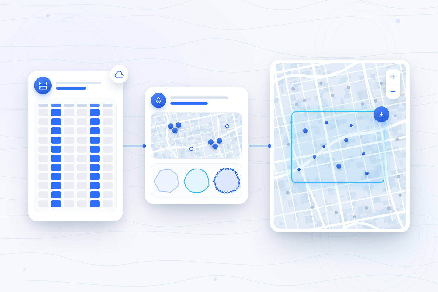 A columnar dataset in a cloud store passing through geographic clustering and a multi-scale index so a map view streams only the features inside its current extent