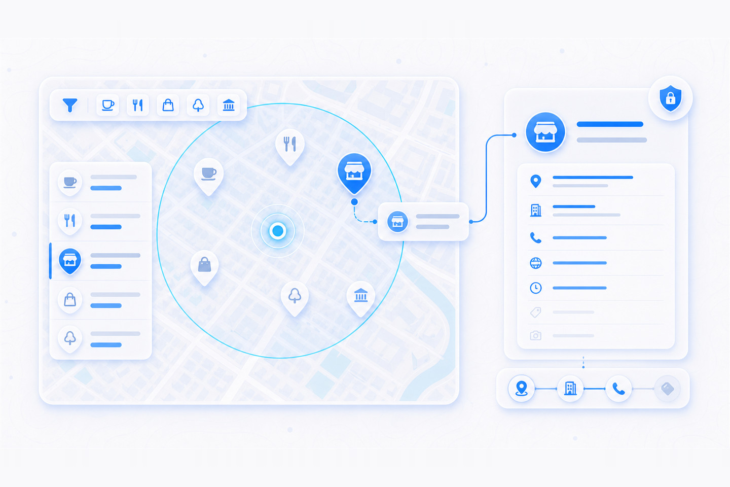 A map application showing points of interest found near a location with a place details panel