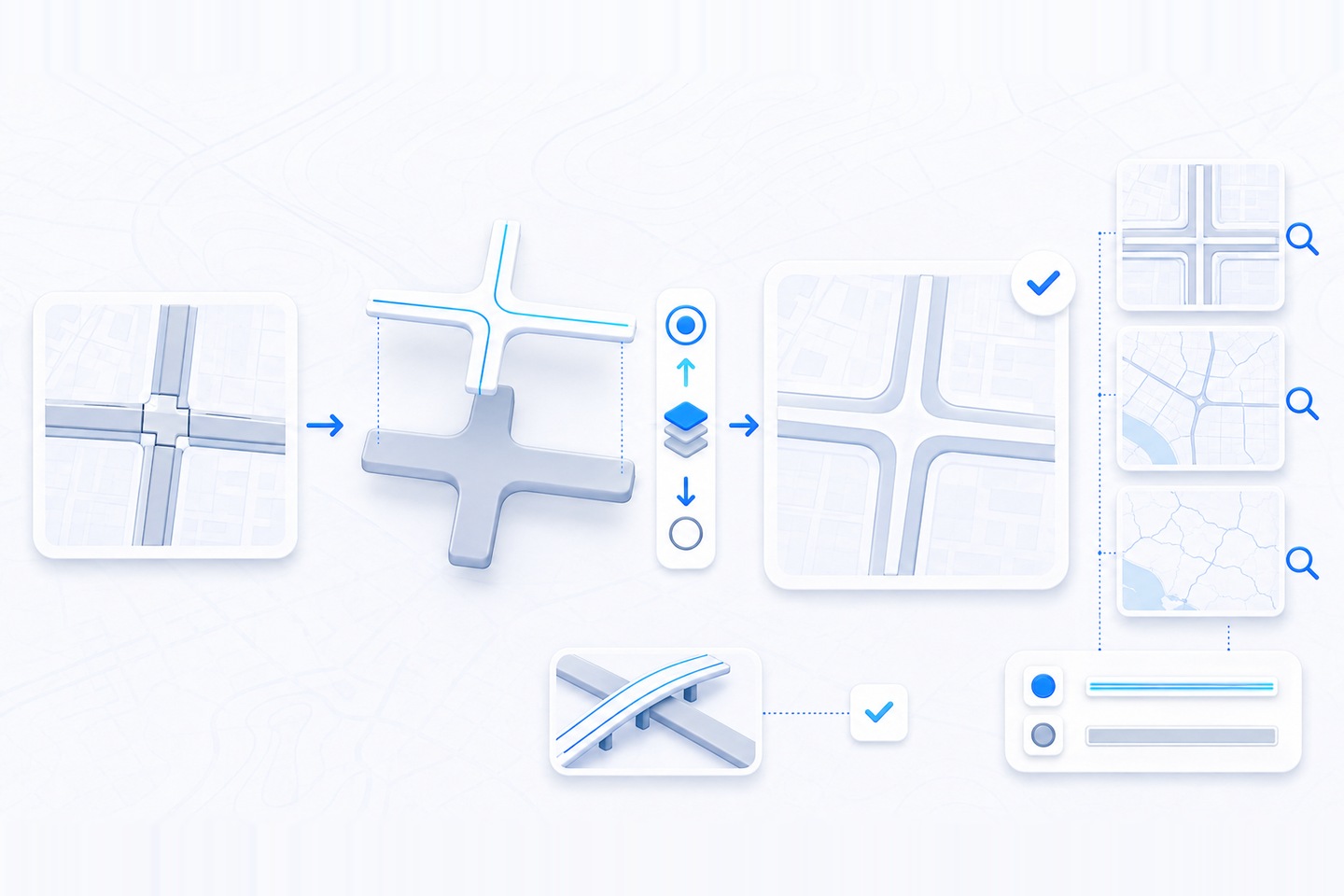 A map panel on the left where a dark casing seam cuts straight across the lighter road at the crossing, an arrow to a cross-shaped road symbol pulled apart into its two layers with the white fill lifted above the gray casing, a vertical reorder control with up and down arrows around a stacked-layers glyph, then a second map panel where the junction runs through unbroken and carries a check mark, a separately check-marked overpass on piers below it, and a column of three map thumbnails at progressively smaller scales beside a two-row draw-order list