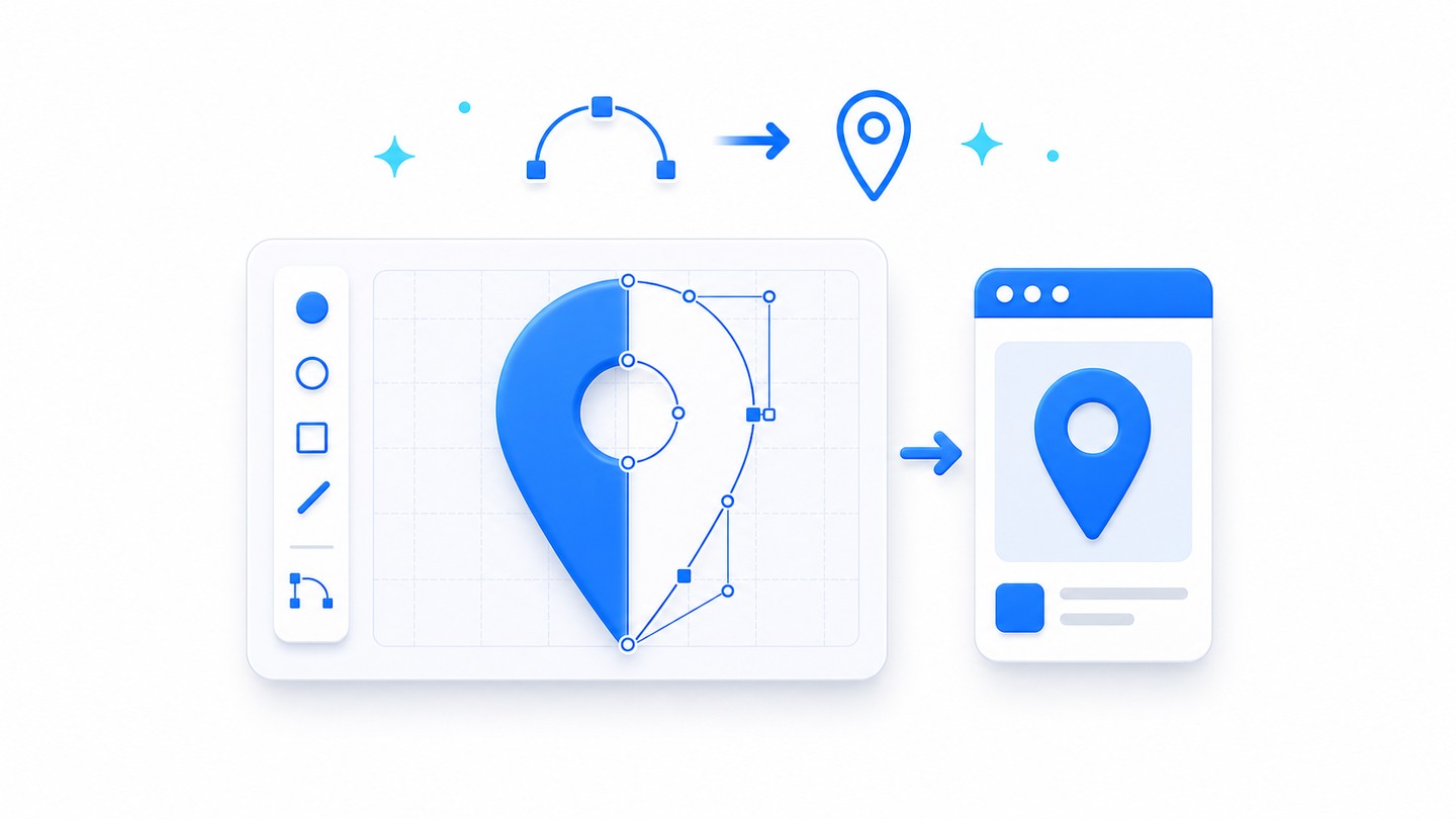 Glowing cartographic map-marker symbols as vector wireframes over a blue topographic field