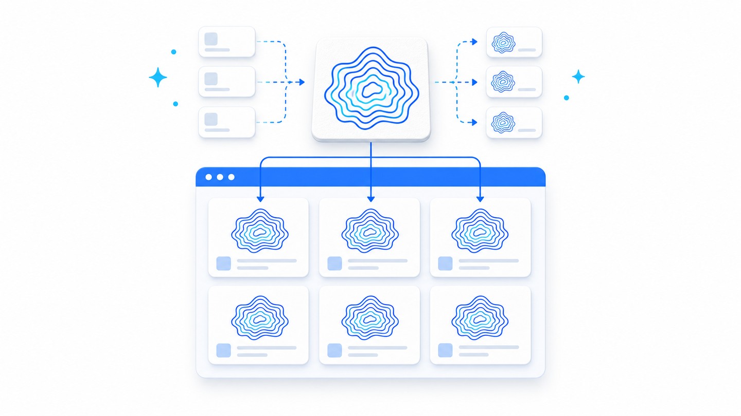 Glowing grid of cartographic map thumbnail cards in brand blue — automated ArcGIS Online thumbnails
