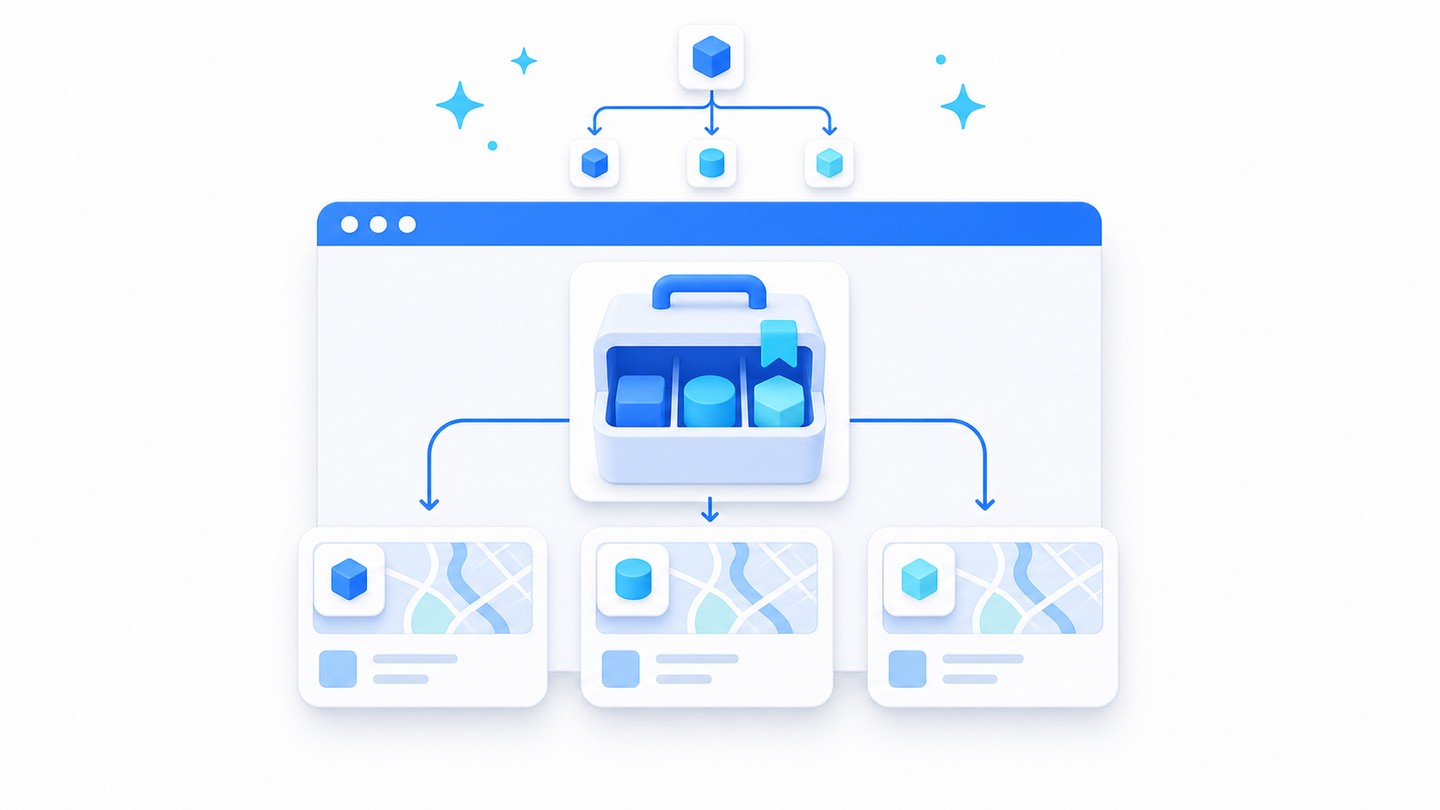 Glowing modular geoprocessing tool tiles in brand blue