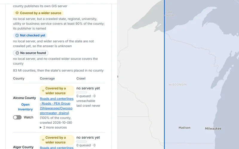 County coverage for Michigan: the statuses not checked yet and no source found explained, then each of the 83 Michigan counties, such as Alcona and Alger, covered by a wider source with its named publisher and crawl date, beside a map of Michigan and Wisconsin.
