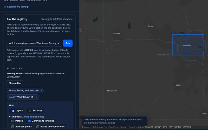 The condition editor in dark mode: the Washtenaw County zoning question laid out as theme and county conditions, with layer, service and theme choices you can change and run again, beside a dark basemap of Washtenaw County around Ann Arbor, Michigan.