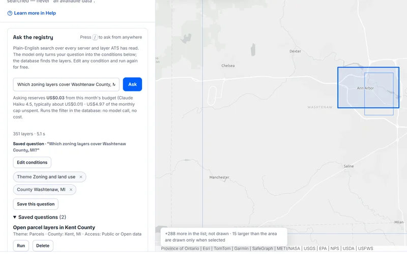 Ask the registry: the saved question &ldquo;Which zoning layers cover Washtenaw County, MI?&rdquo; interpreted as editable conditions (theme Zoning and land use, county Washtenaw, MI), with 351 matching layers, beside a map of Washtenaw County, Michigan, around Ann Arbor, Chelsea, Dexter, Saline and Manchester.