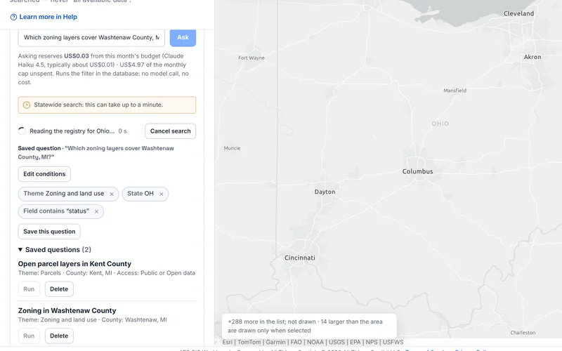 A statewide search of Ohio for zoning layers with a status field in progress: a notice that it can take up to a minute, a line reading the registry for Ohio with elapsed seconds and a Cancel search button, and the conditions Theme Zoning and land use, State OH and Field contains status, beside a map of Ohio from Dayton to Columbus and Cincinnati.