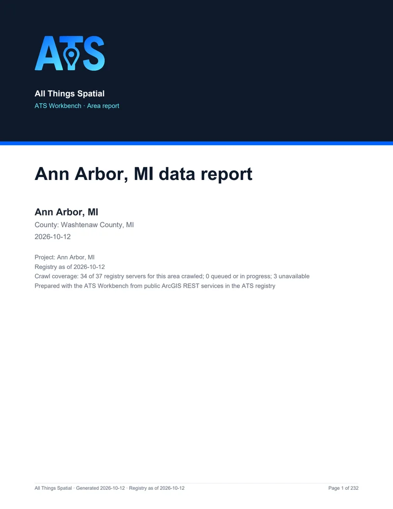 The cover page of a PDF area report, Ann Arbor, MI data report: Washtenaw County, Michigan, the registry date, and crawl coverage of 34 of 37 registry servers for the area.
