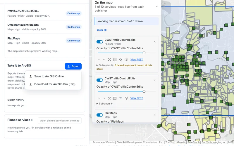 Workbench working map for Ann Arbor, Michigan, with three live layers and the Take it to ArcGIS export menu.