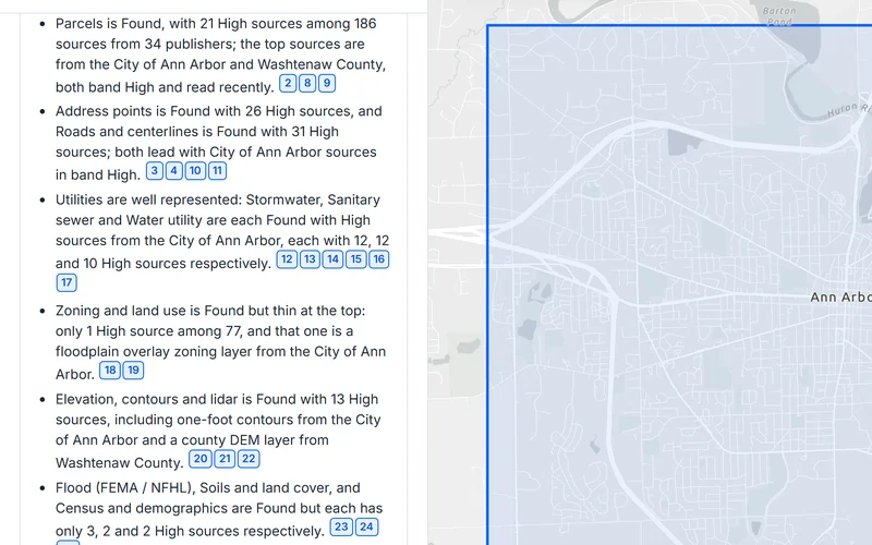An AI-written area summary for Ann Arbor, Michigan: statements on parcels, address points, roads, utilities, zoning and elevation, each naming its sources, such as the City of Ann Arbor and Washtenaw County, and followed by numbered citations, beside a map of the Ann Arbor area.