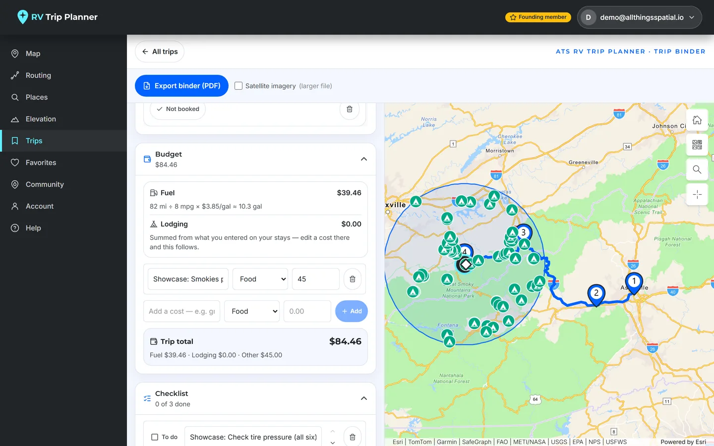 Fuel from the rig's mpg and fuel price, lodging summed from stays, plus manual lines.