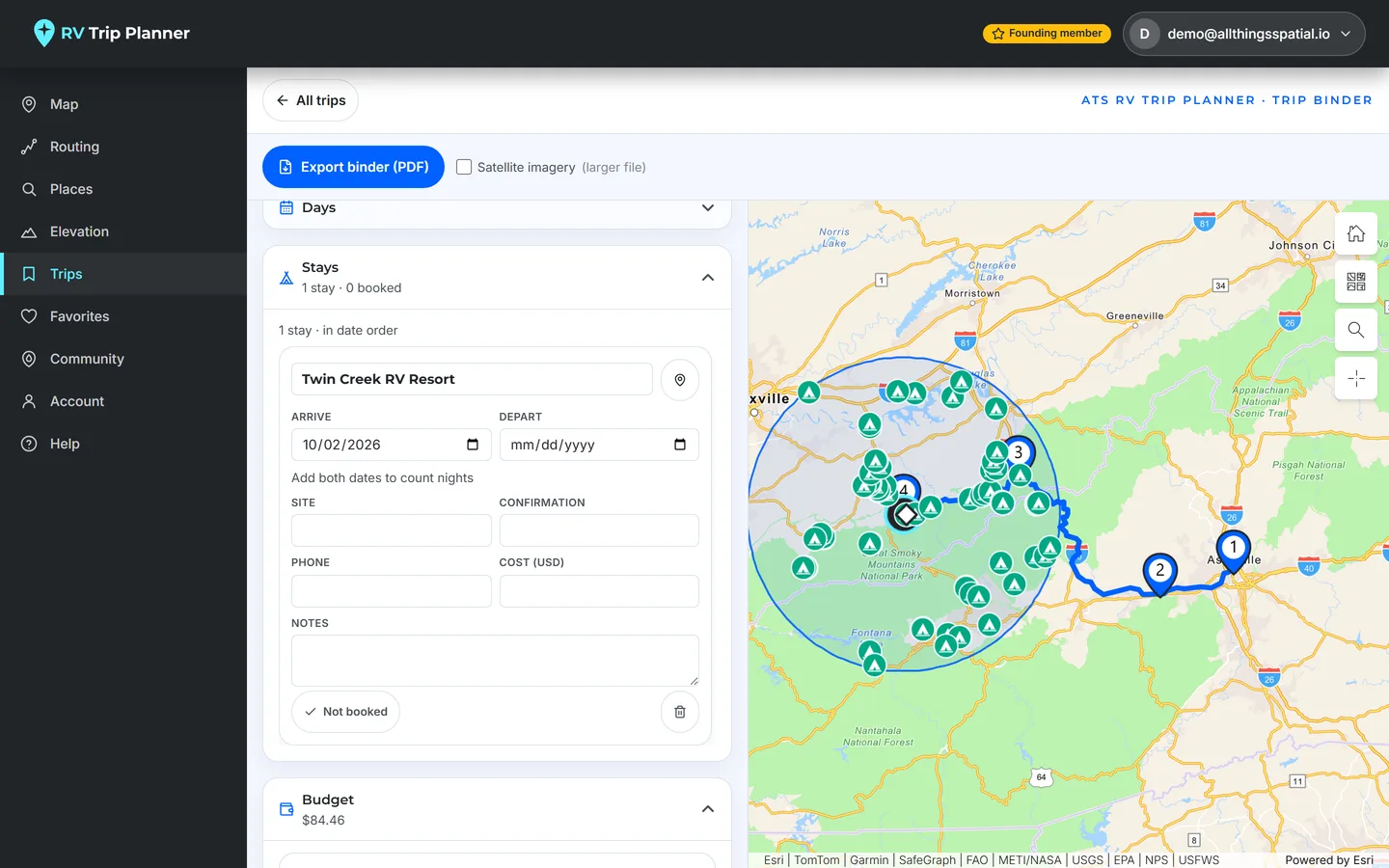 Reservations by date with site, confirmation, phone, cost and notes.