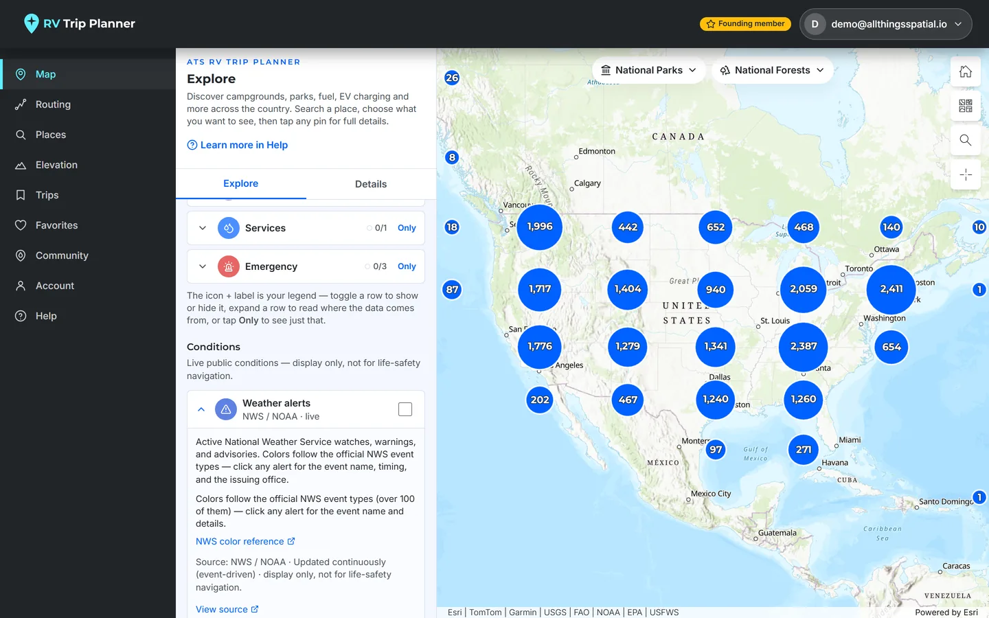 Weather alerts, radar, wildfires, air quality and road closures as toggleable overlays on the map.