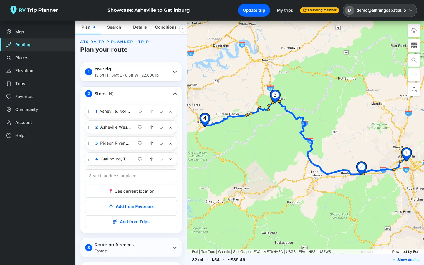 Finding curated stops within 5, 10 or 25 miles of the computed route.
