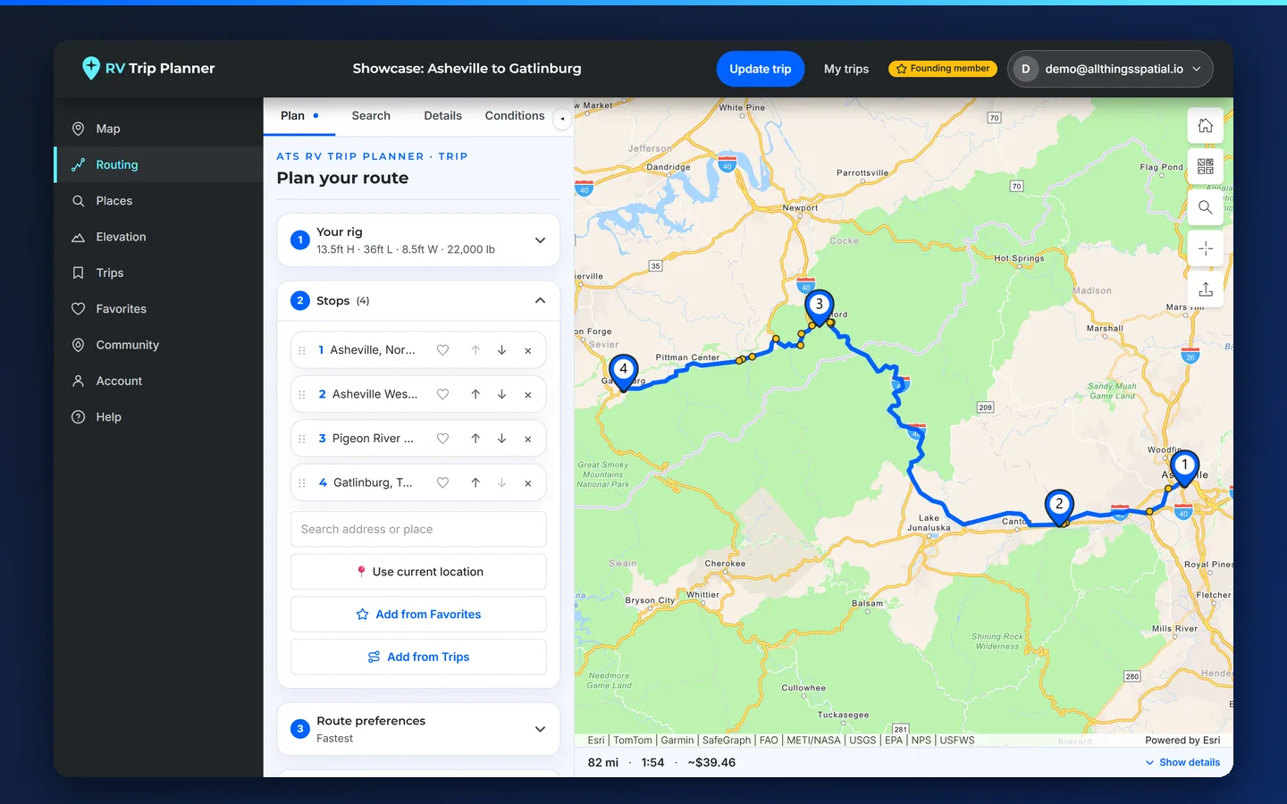 A route computed for the rig's height, length, width and weight, with four stops between Asheville and Gatlinburg.