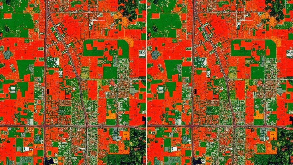A red-to-green NDVI vegetation-change map split by a swipe line over aerial imagery