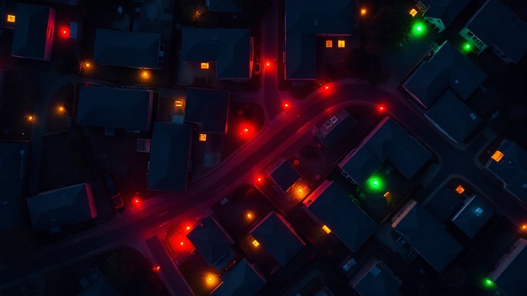 Aerial view of a neighborhood with individual parcels lit red, amber, and green by development risk