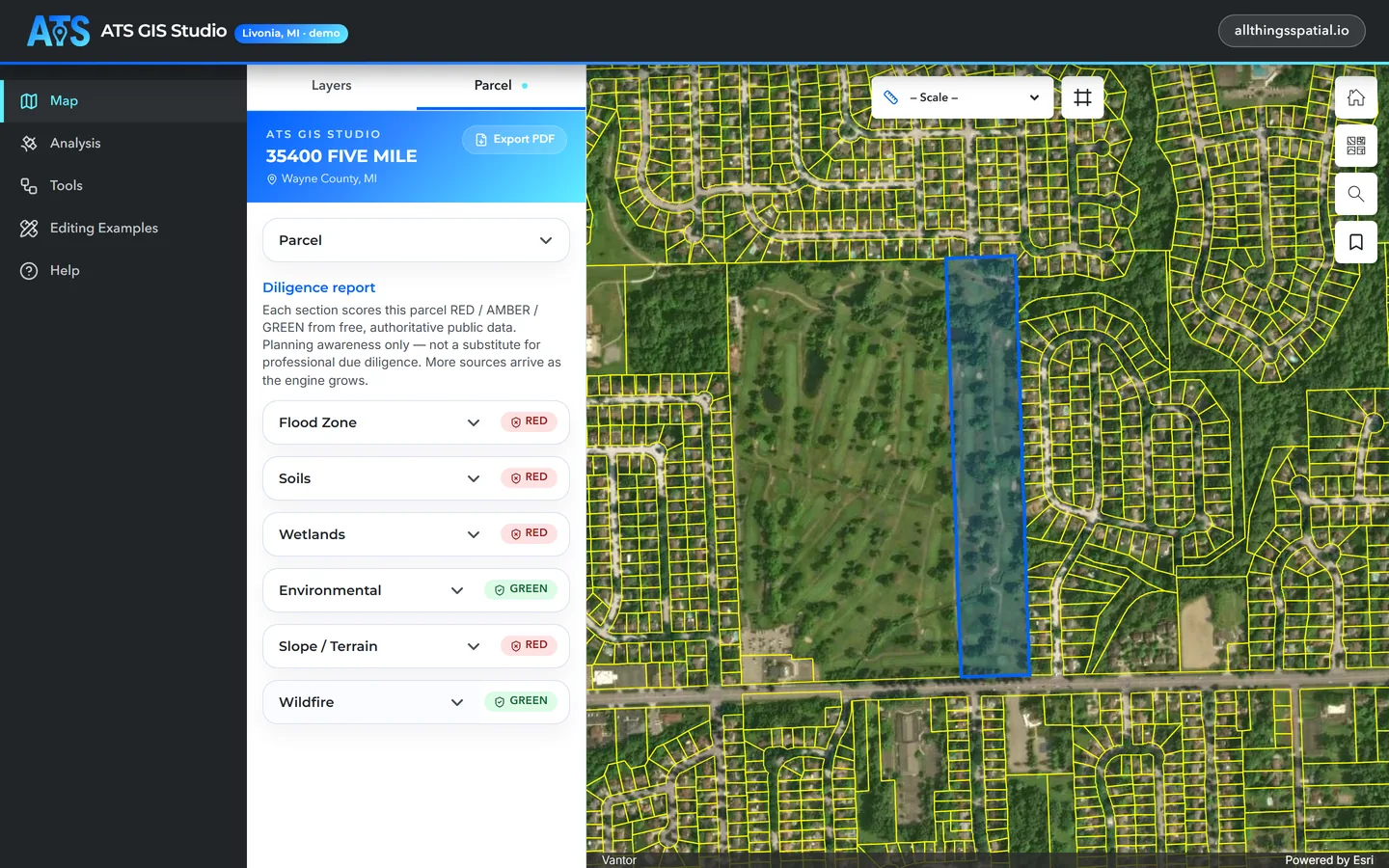 The Studio map with parcel 35400 Five Mile selected and its Parcel tab open, showing PIN, site address, owner and the Export PDF button.