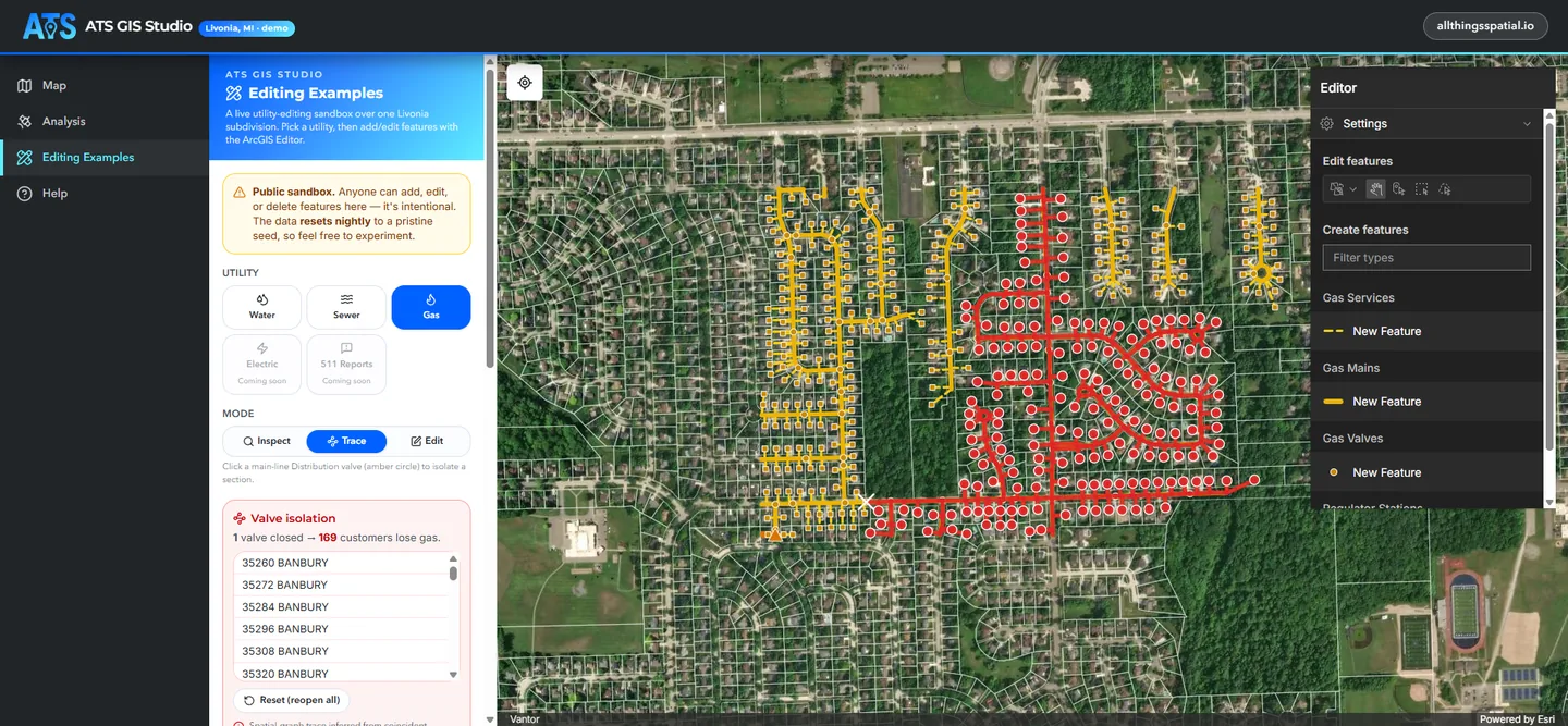 The Editing page on the Gas network in Trace mode with one distribution valve closed: a breadth-first traversal from the feed has highlighted the isolated mains and services in red and the panel reads 1 valve closed, 169 customers lose gas, above the list of affected addresses.