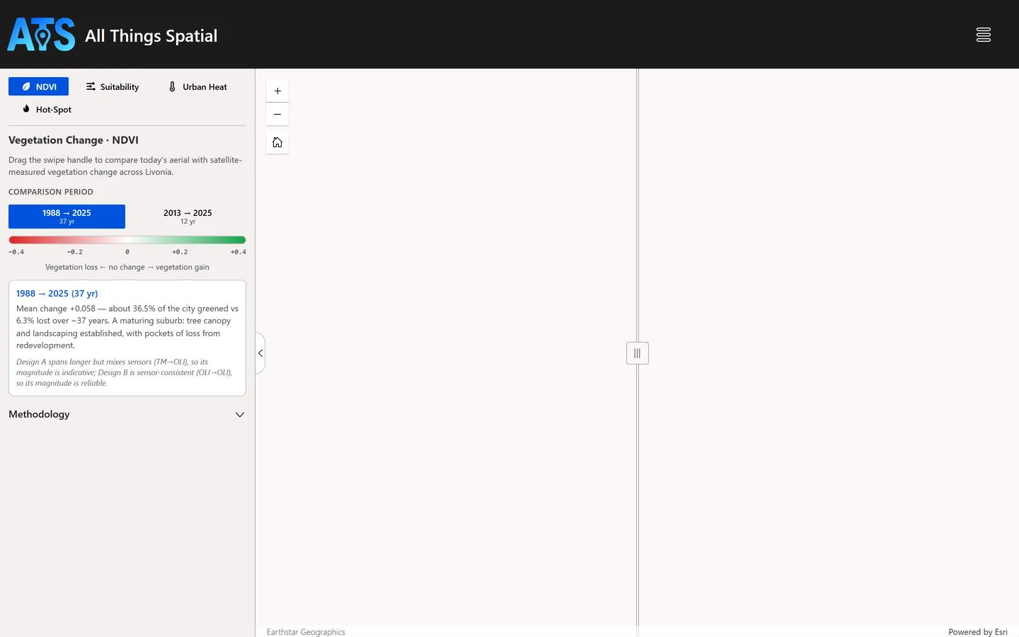 The Experience Builder build on the Analysis page with the Site Suitability tool and its weight sliders.