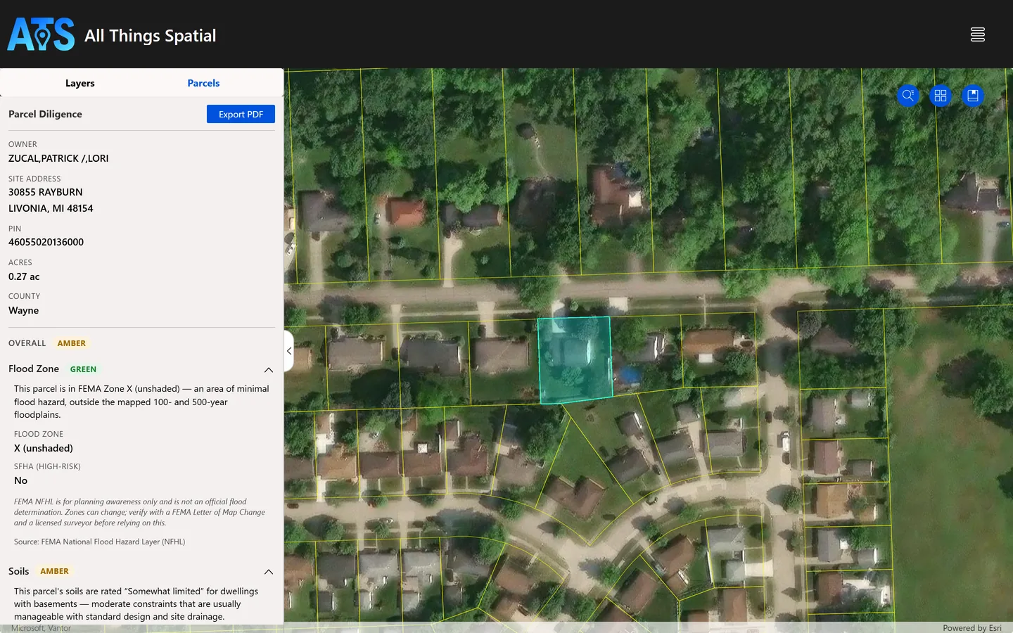 The Experience Builder build on the Map page, with the layer list beside the Livonia parcel layer on the web map.
