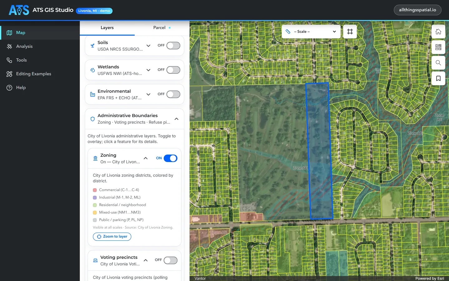 The Layers tab with switches and legend swatches for the flood, soils, wetlands, zoning and aerial overlays, and the Clear all control.