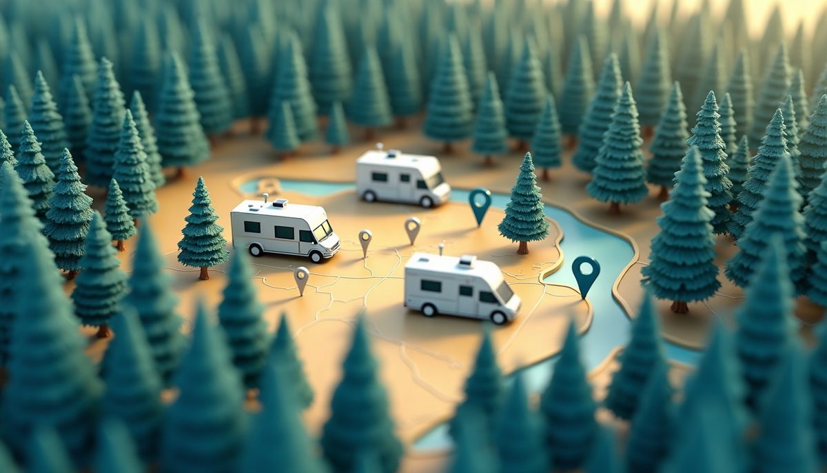 A stylized map with location pins over a forested RV campground