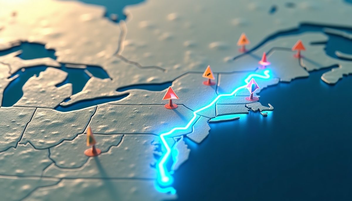 A glowing route line crossing a map with live weather and road hazard zones