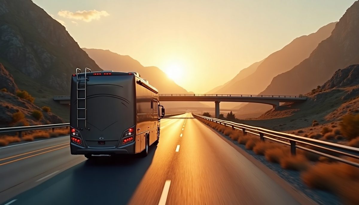 A Class A motorhome driving toward a high-clearance overpass at golden hour